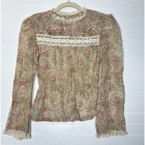 Vintage 1970s You Babes Long  Sleeve Floral Lace Peplum Peasant Blouse Sheer S